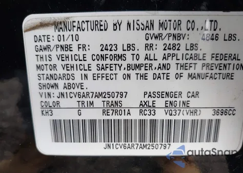 2010 Infiniti G37X z USA, uszkodzony, nr VIN JN1CV6AR7AM250797